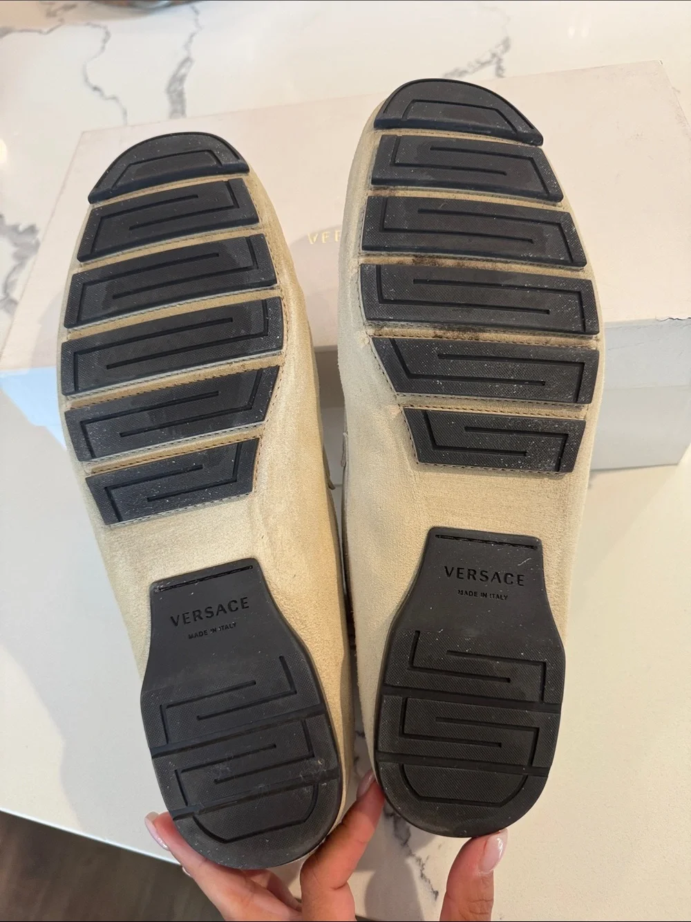 Men's Versace Beige Suede Slip-On Loafers with Decorative Metal Accent
